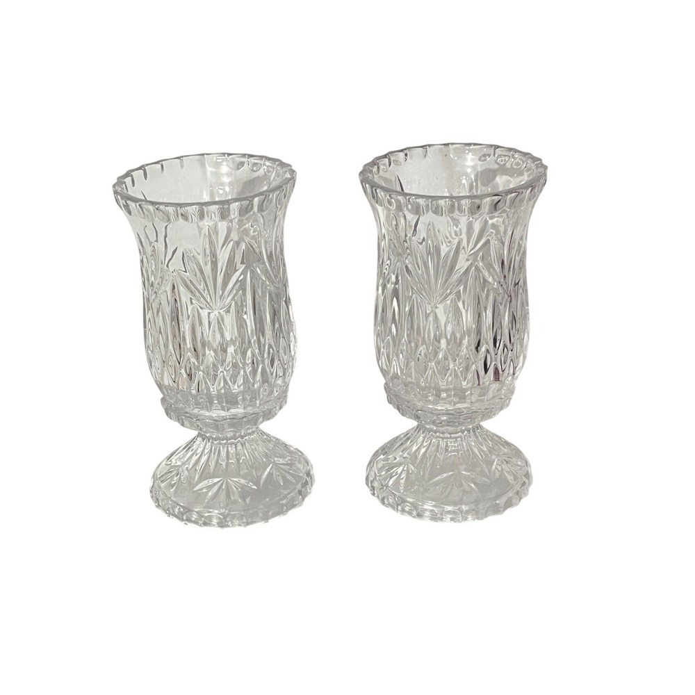Vintage Hurricane Candle Holder Set Clear Glass Starburst Pressed Pattern